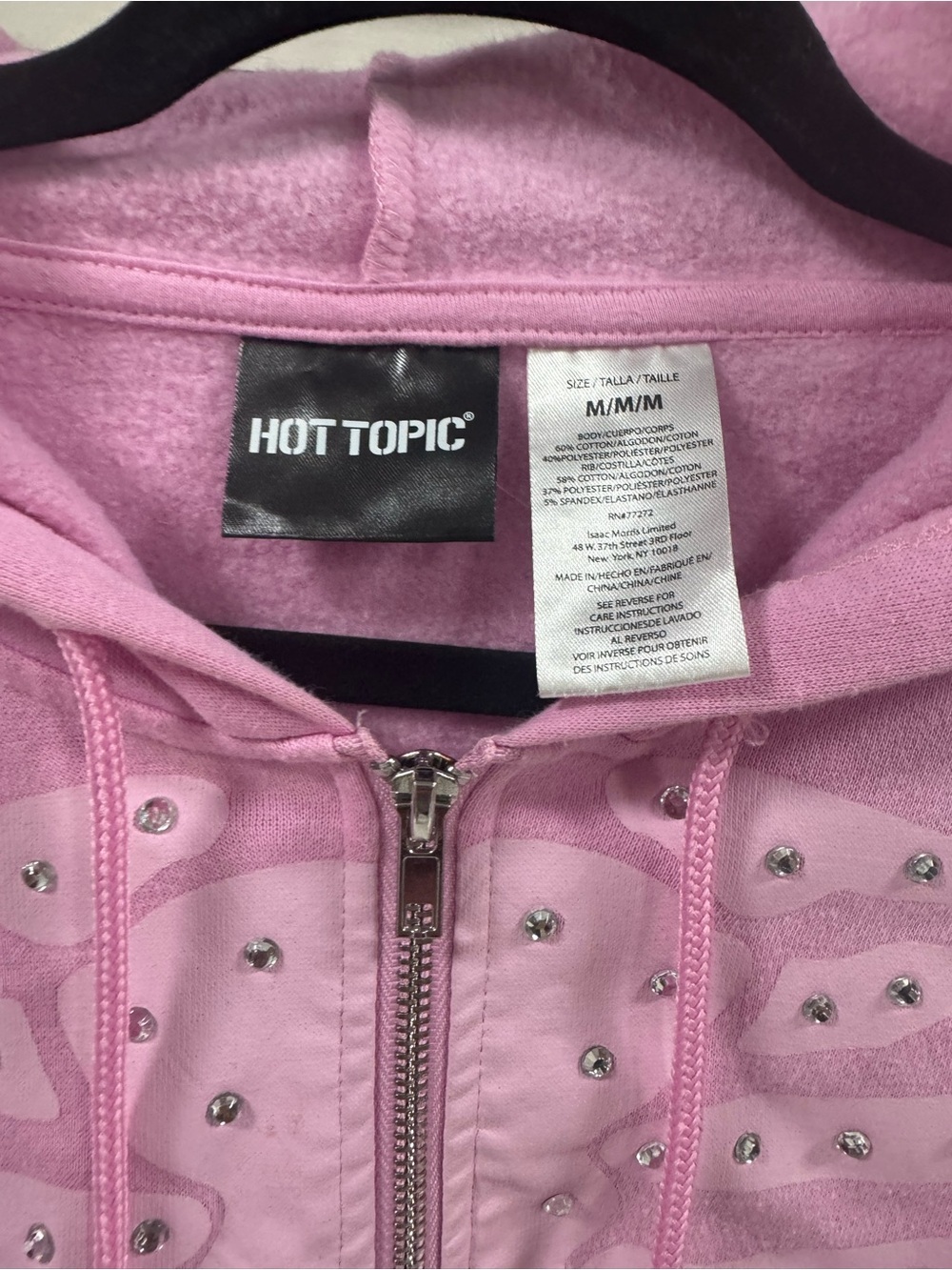 Hot Topic Pink Rhinestone Skeleton Zip-Up Hoodie Size Medium - Picture 5 of 7
